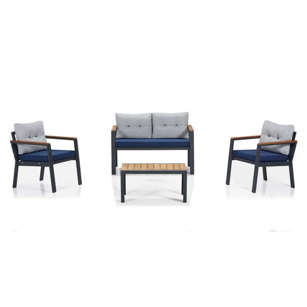 Erinöz Defne Aluminum Sitting Group 2+1+1+ Wooden Coffee Table
