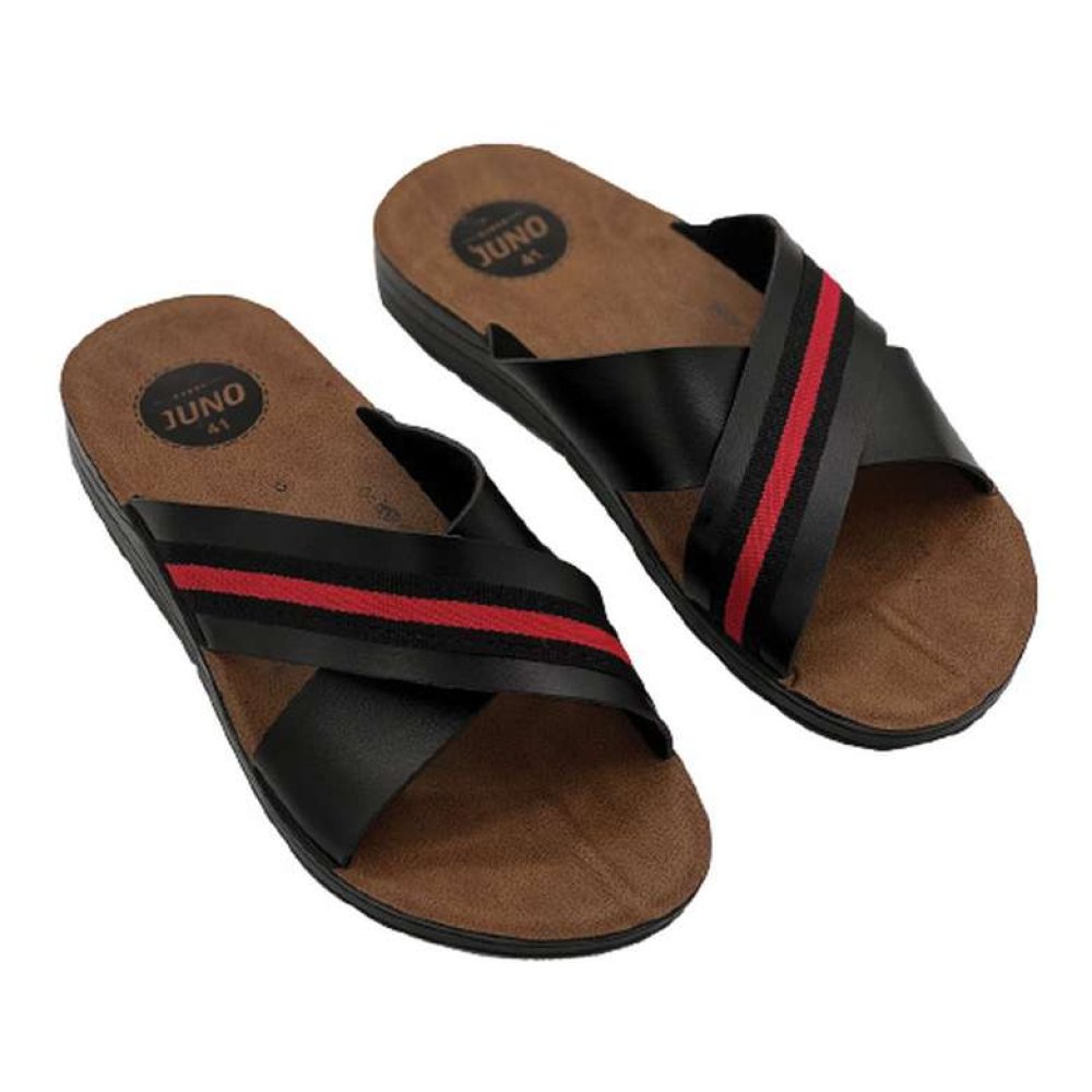 Men Striped Cross Slippers Black Red