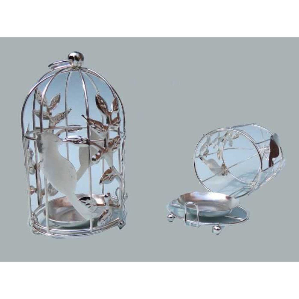 Bird Cage With Bird And Candle Holder Silver P10-500