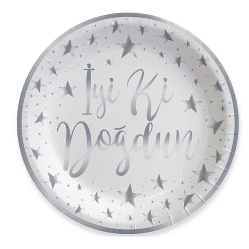 Plate Silver Happy Birthday Printed White Pk:6 Kl:48