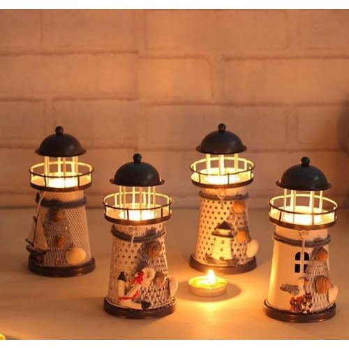 Wholesale Color Changing Illuminated Metal Lighthouse Candle Holder 14 cm